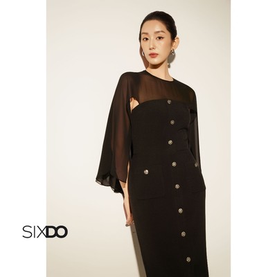 Đầm đen bút chì tay rủ SIXDO (Black Woven Pencil Dress)