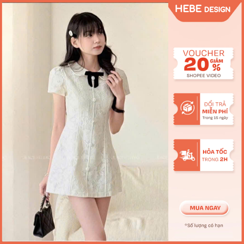 Đầm Ren Manda Cổ Sen Đính Nơ Xinh Xắn, Váy Nữ Tiểu Thư Dáng Ngắn Thanh Lịch Nhẹ Nhàng HEBE BOUTIQUE