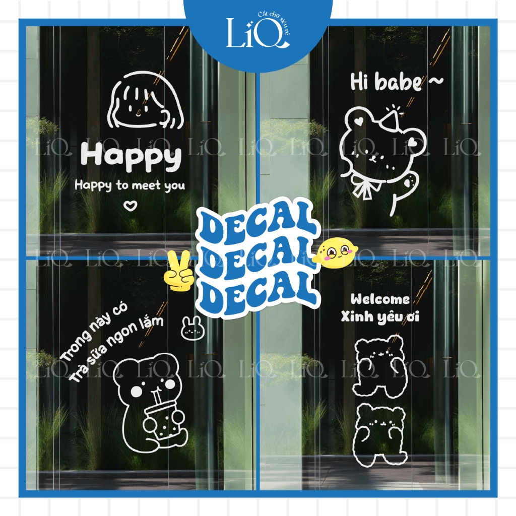 [04] Decal dán kính trang trí - Decal gấu cute - Decal Hello - Hi