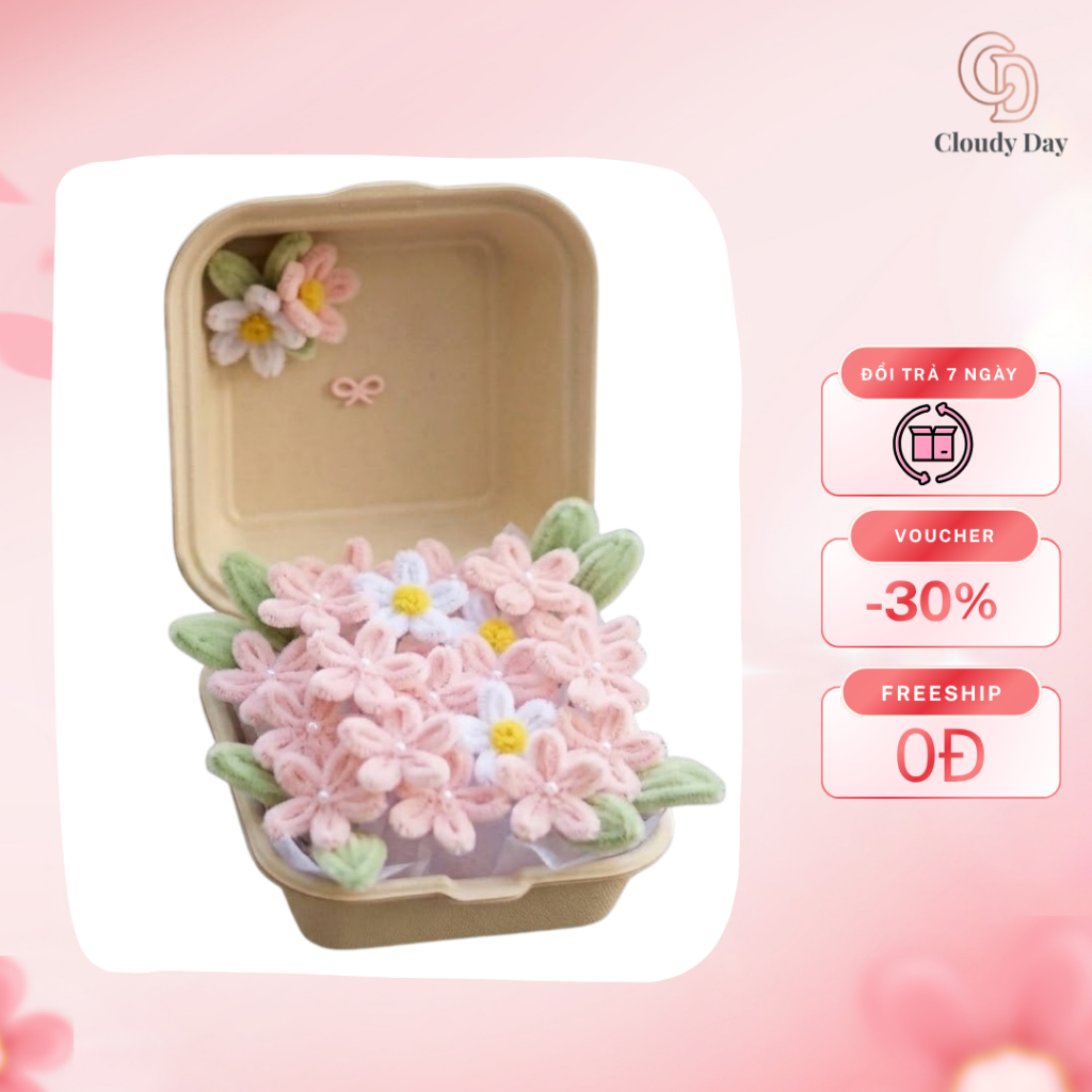 Hộp hoa len handmade mini trong hộp kraft – Hoa decor / quà tặng dễ thương