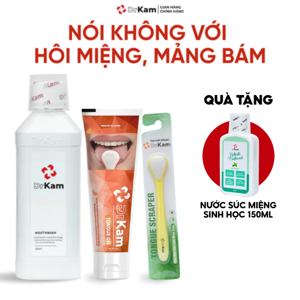 Combo DrKam Nước Súc Miệng Và Bộ Gel Cạo Lưỡi Postbiotic Hỗ Trợ Giảm Hôi Miệng, Sỏi Amidan, Rêu Lưỡi