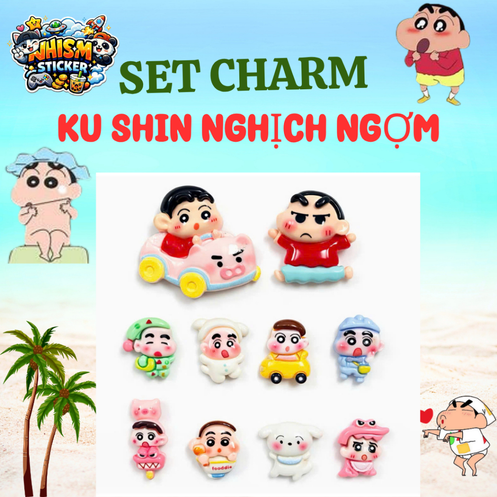 Set Charm Ku Shin Lái Xe Heo , Shin Kute Mini - 5 SET Charm Trang Trí Biểu Cảm Dễ Thương