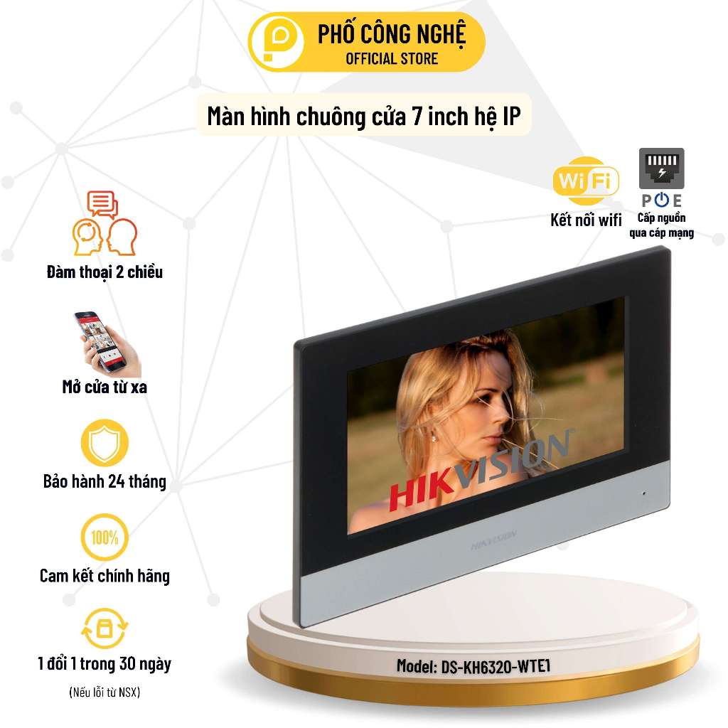Màn hình chuông cửa IP Hikvision DS-KH6320-WTE1, loại 7 inch, có wifi