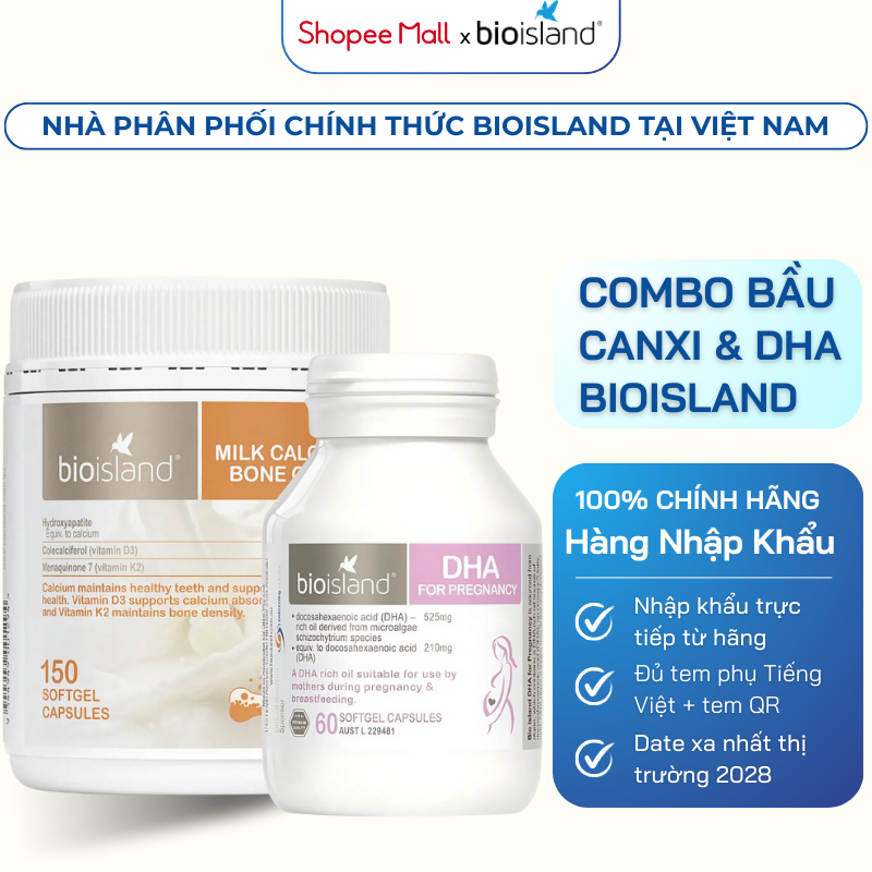 [COMBO BẦU] Milk Canxi BoneCare Và DHA Bầu Bioisland Cho Mẹ Bầu Chắc Khỏe Xương - Thai Nhi Phát Triển Trí Não Toàn Diện