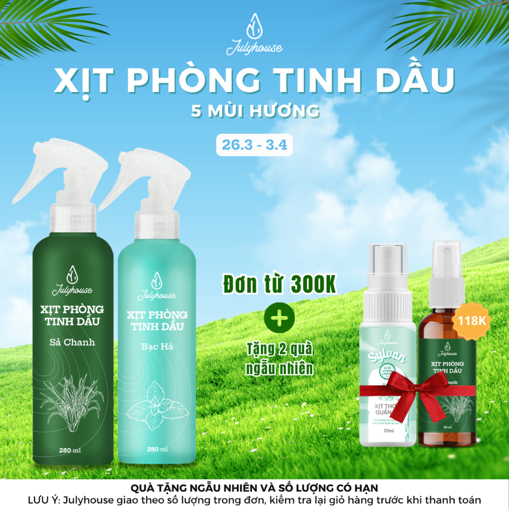 Bình xịt phòng Julyhouse 280ml tinh dầu sả chanh, bạc hà, quế, bạch đàn chanh, oải hương làm thơm không gian