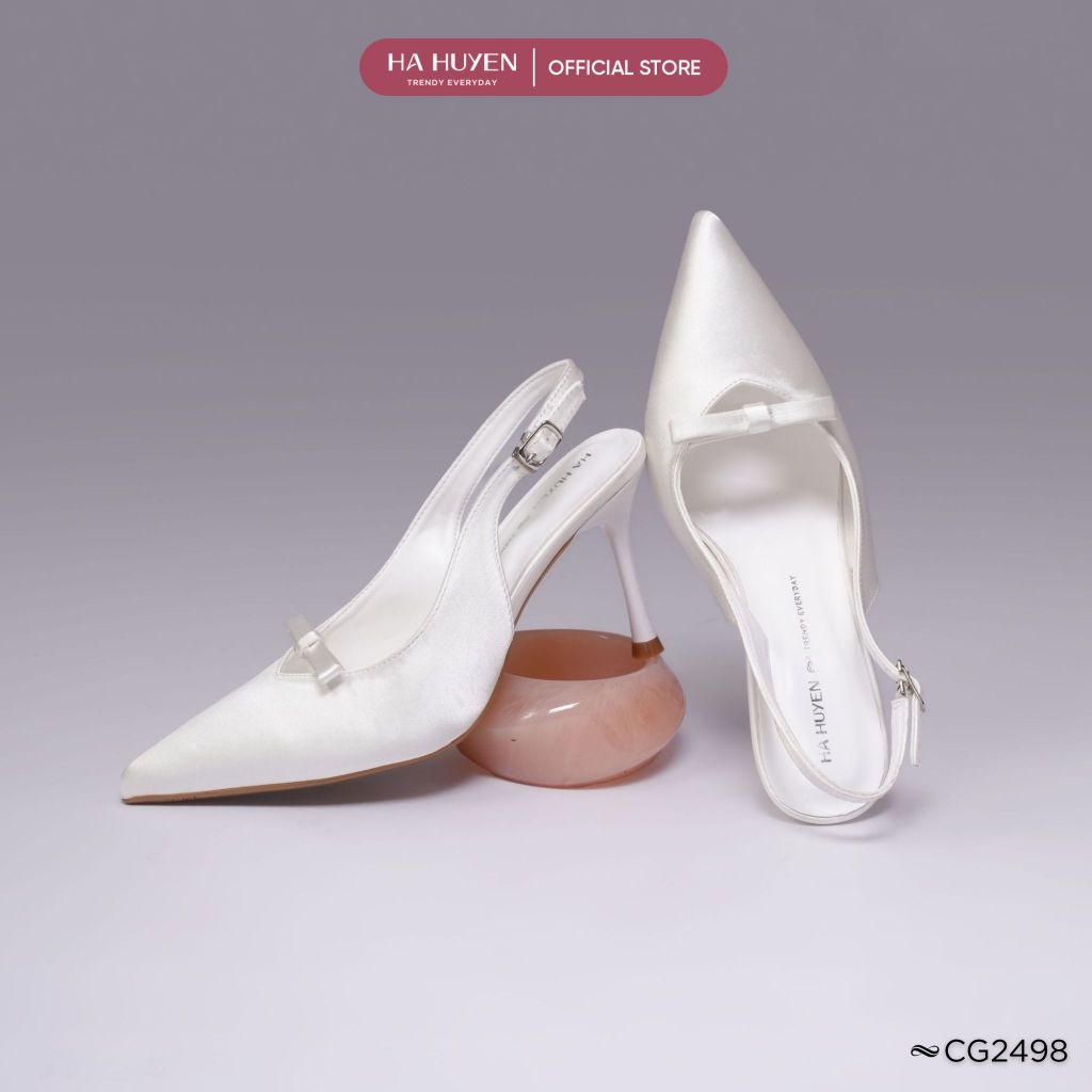 Giày cao gót Slingback nữ HÀ HUYỀN da lì mũi nhọn nơ nhí quai hậu gót nhọn 8cm - CG2498