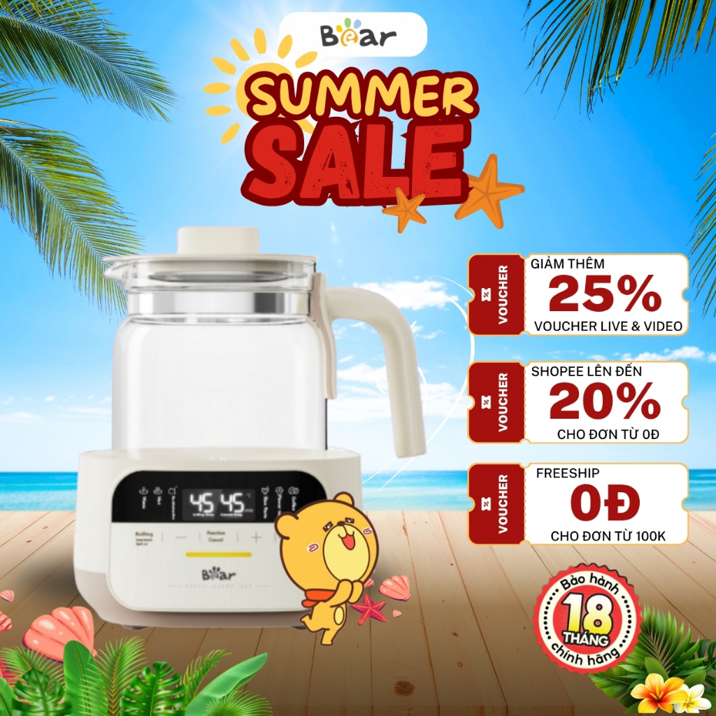 Ấm đun nước và hâm nước pha sữa 1.3L Bear WW-5H12N,800W, Thủy tinh, 7 Chế độ nấu, Giữ Ấm,BH 18 Tháng