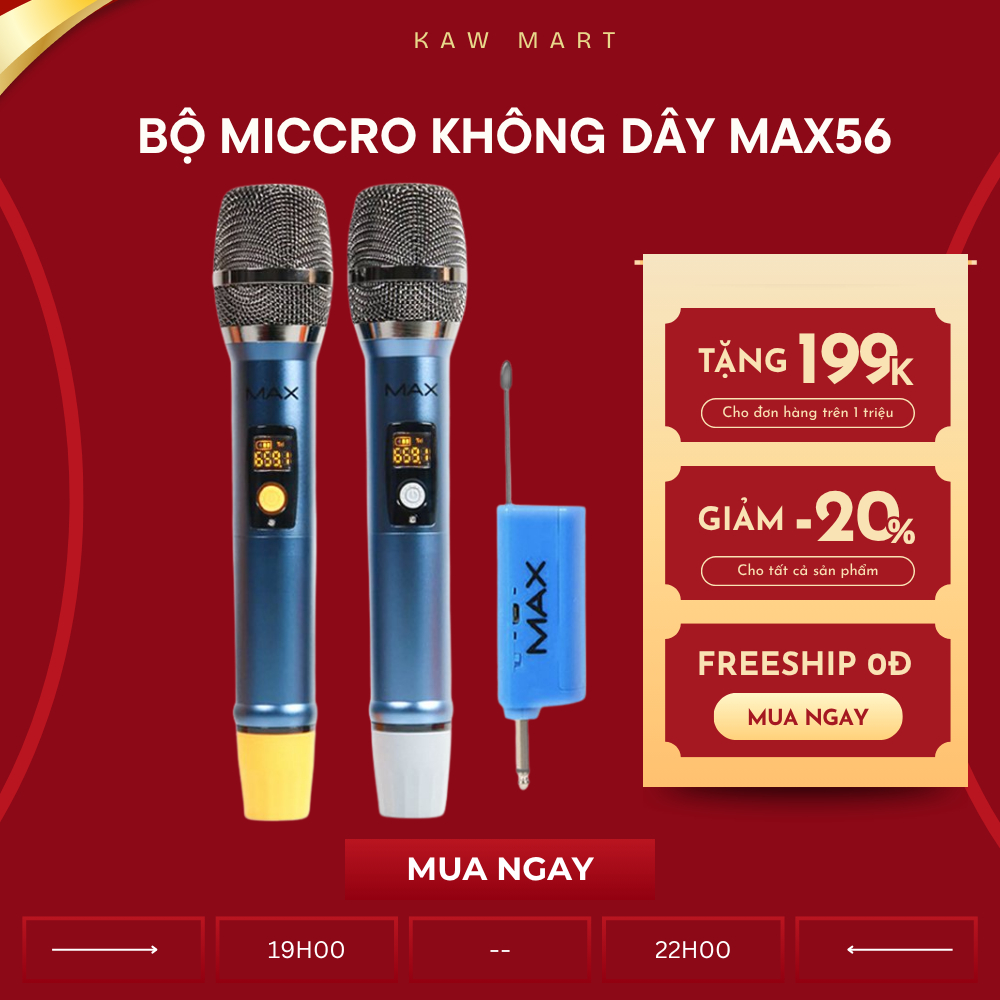 Bộ 2 micro hát karaoke không dây UHF MAX 56 tích hợp sạc pin, cho chất lượng âm thanh trung thực bảo