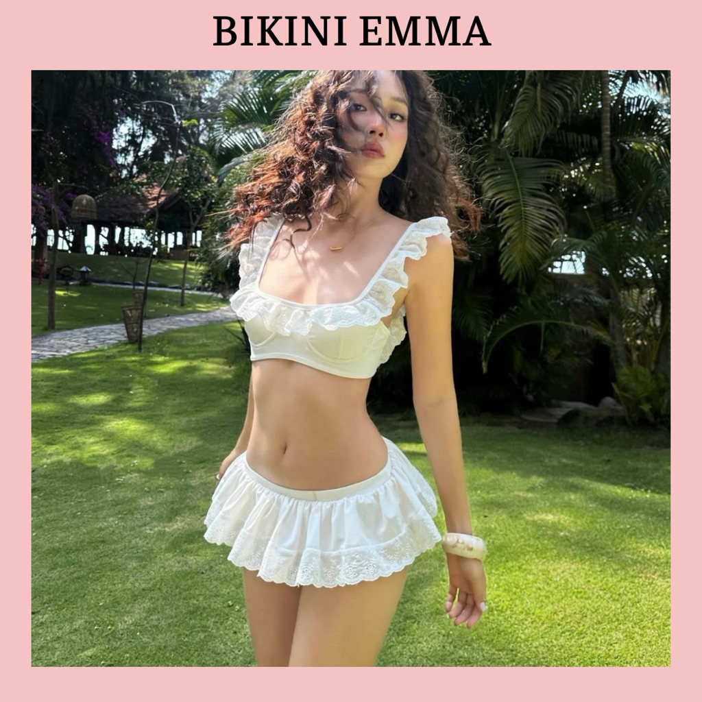 EMMA Bikini 2 Mảnh Gọng Cánh Tiên Phối Ren Nàng Thơ, Quần Váy Bèo Xoè