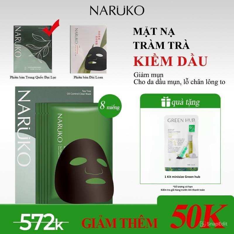 NARUKO - Mặt nạ Naruko tràm trà trà hỗ trợ giảm mụn mờ thâm 26ml*8miếng Bản Trung (quà Kit)