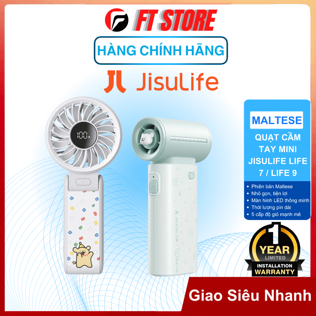 [Jisulife x Maltese] Quạt cầm tay tích điện mini Jisulife Life 7/Life 9 Maltese - 5 cấp độ gió 5000m