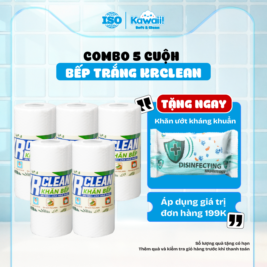 Combo 5 cuộn khăn lau bếp trắng KRCLEAN 20x25cm khăn cuộn đa năng lau bếp siêu thấm hút KRCLEAN lau 