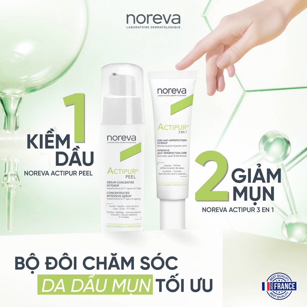 2 bước chăm da dầu mụn cùng serum Noreva Actipur Peel 30ml và kem bôi mụn Noreva Actipur 3 En 1 Inte