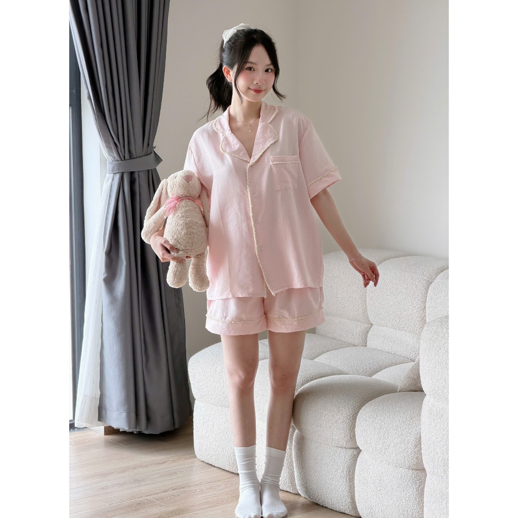 MB-SET-026 Set đồ ngủ ngắn tay sọc đơn phối ren cào Maybee Homedress | BigBuy360 - bigbuy360.vn