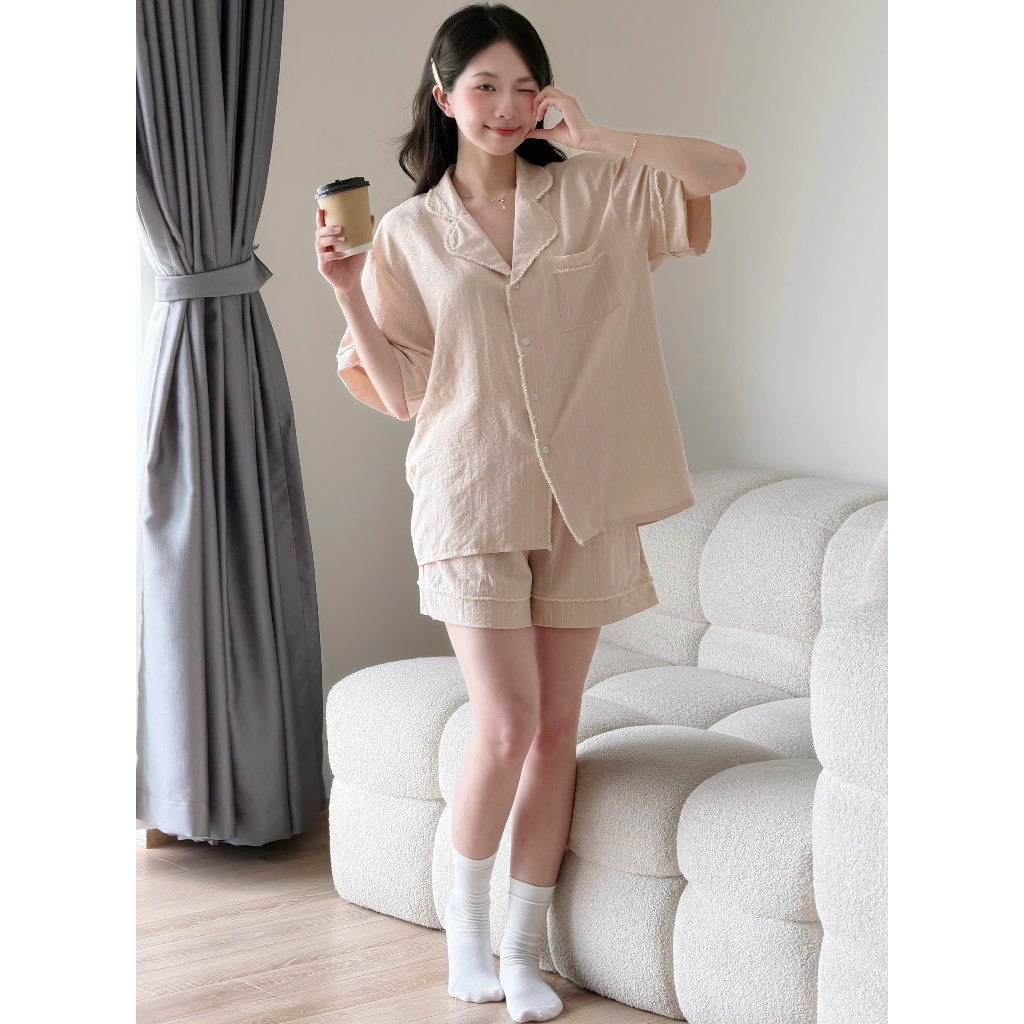 MB-SET-026 Set đồ ngủ ngắn tay sọc đơn phối ren cào Maybee Homedress | BigBuy360 - bigbuy360.vn