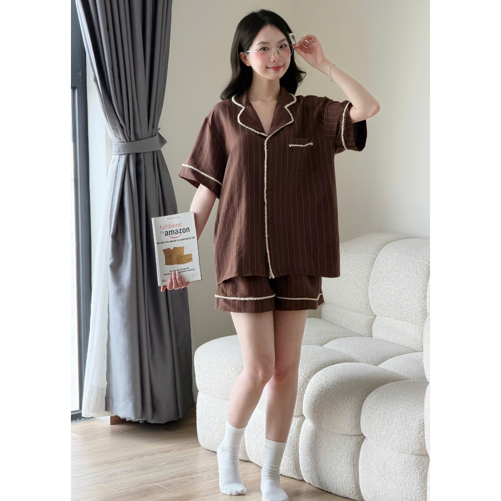 MB-SET-026 Set đồ ngủ ngắn tay sọc đơn phối ren cào Maybee Homedress | BigBuy360 - bigbuy360.vn