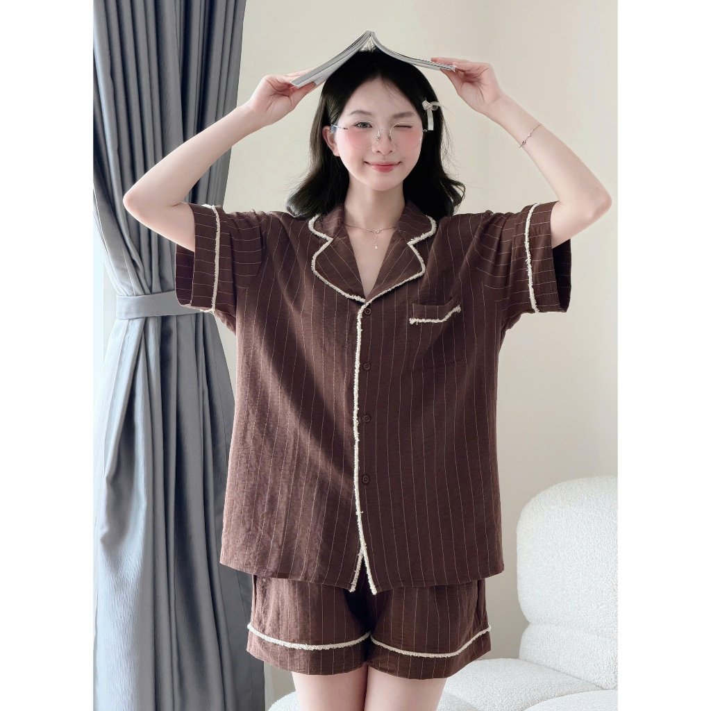 MB-SET-026 Set đồ ngủ ngắn tay sọc đơn phối ren cào Maybee Homedress | BigBuy360 - bigbuy360.vn