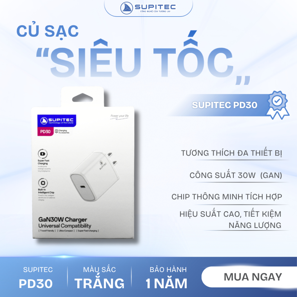Củ sạc siêu nhanh GAN 30W SUPITEC PD30