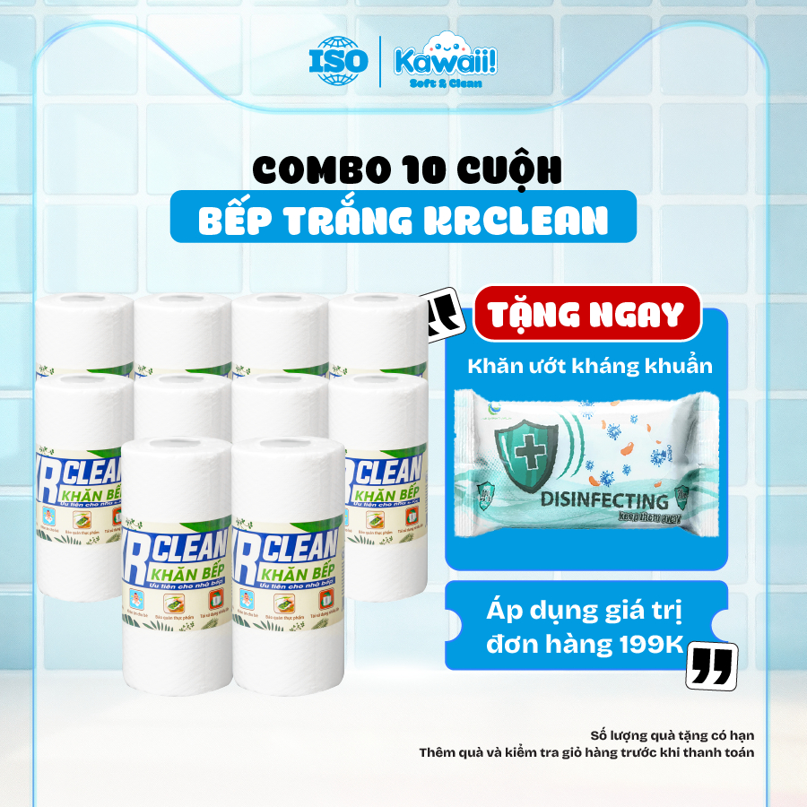 Combo 10 cuộn khăn lau bếp trắng KRCLEAN 20x25cm khăn cuộn đa năng lau bếp siêu thấm hút KRCLEAN lau