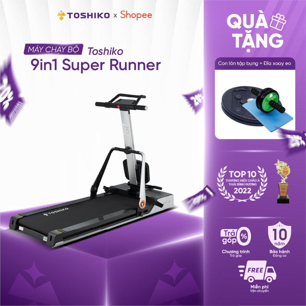 Máy chạy bộ Toshiko 9in1 Super Runner đa dạng tính năng như chạy bộ, gập bụng,... bảo hành 3 năm