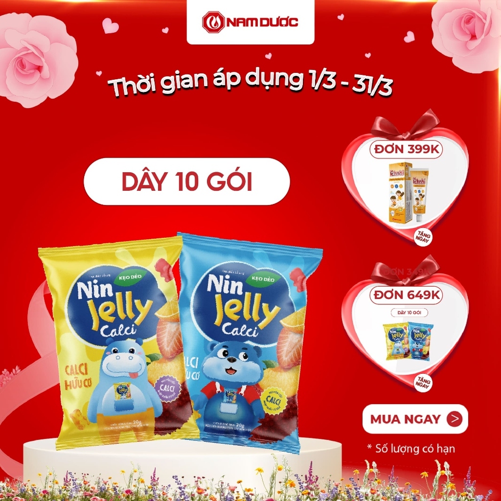 Thực phẩm bổ sung KẸO DẺO NIN JELLY CALCI Dây 10 túi x 20 g, bổ sung calci hữu cơ cho bé