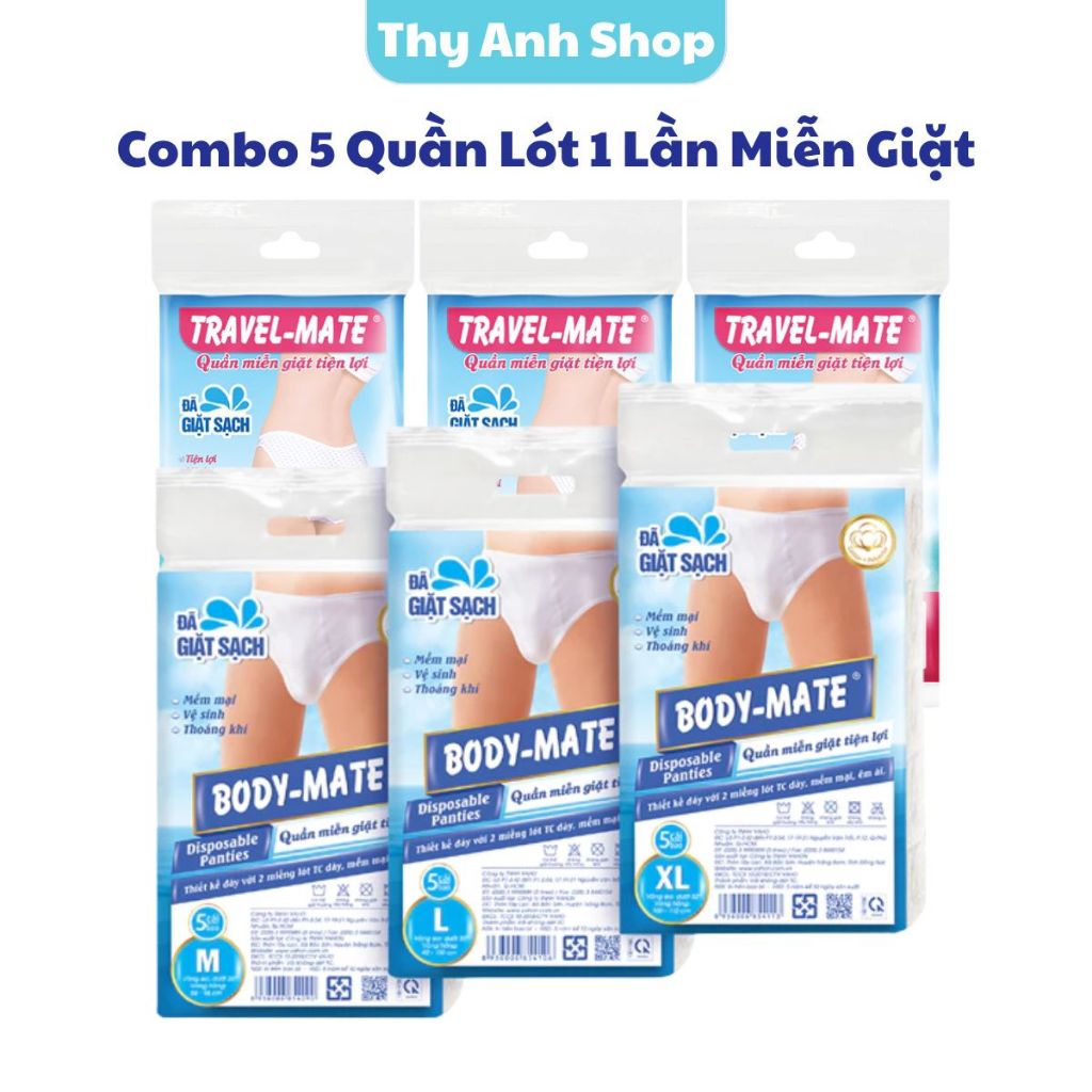 Combo 5 Quần Lót 1 Lần, Miễn Giặt Travel-Mate/Body-Mate ,Thoải Mái, Tiệt Trùng, Tiện Lợi