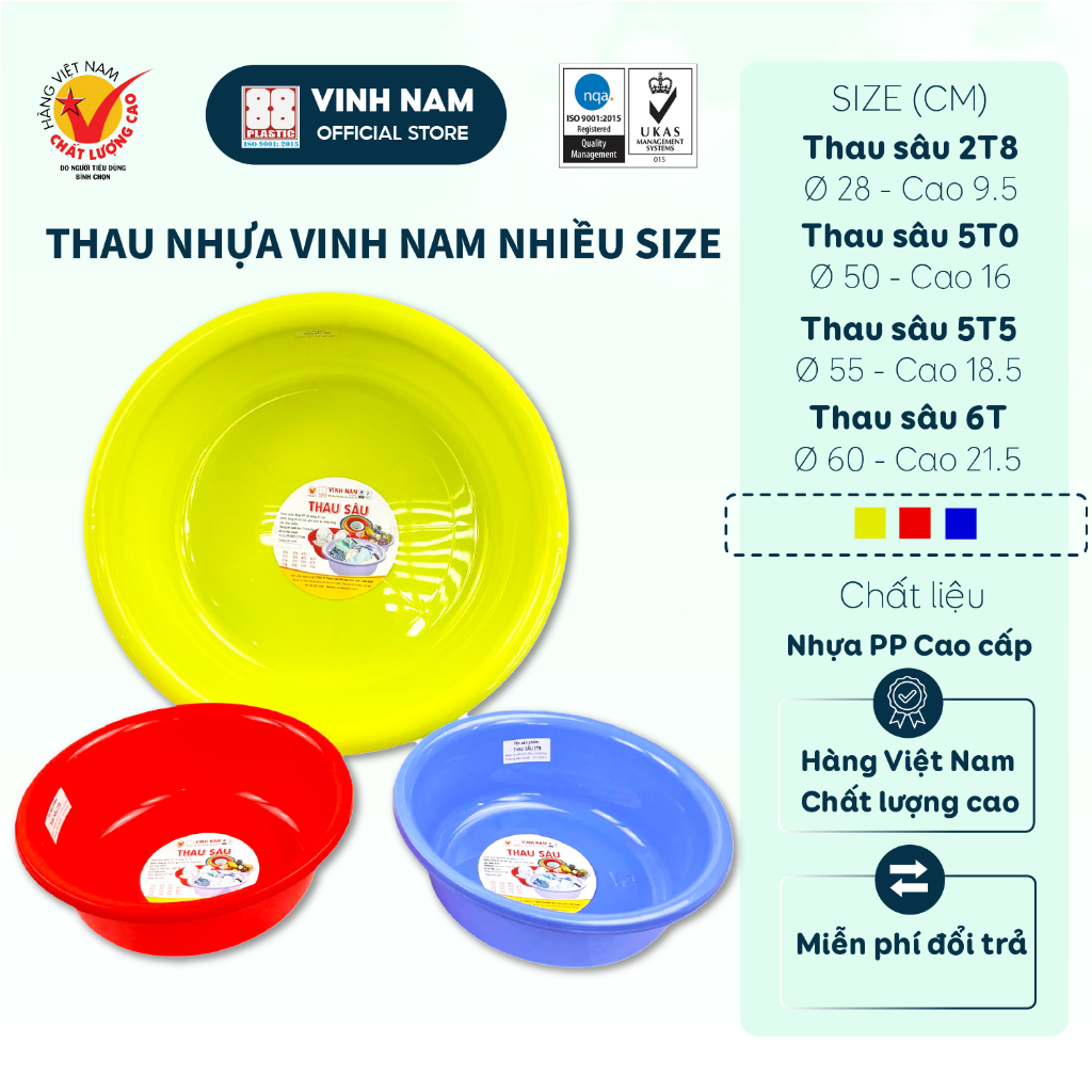 Thau Nhựa Nhiều Size Vinh Nam Plastic Thau Chậu Nhựa PP Bền Đẹp Đa Màu Đa Năng Mã 2T8 5T0 5T5 6T0