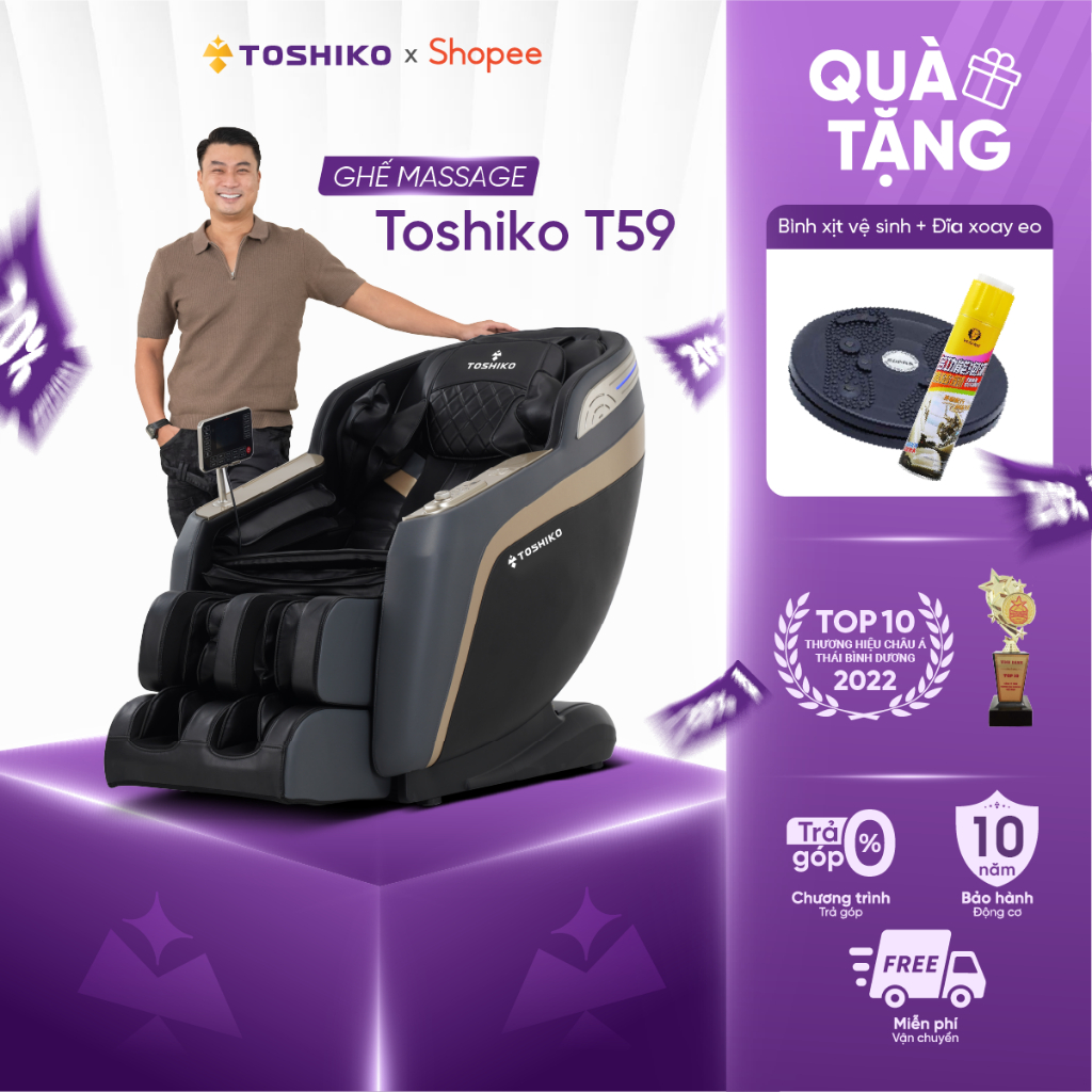 Ghế massage trị liệu toàn thân Toshiko T59 - Con lăn 4D - Nhiệt hồng ngoại - Hỗ trợ lắp đặt - Bảo hà