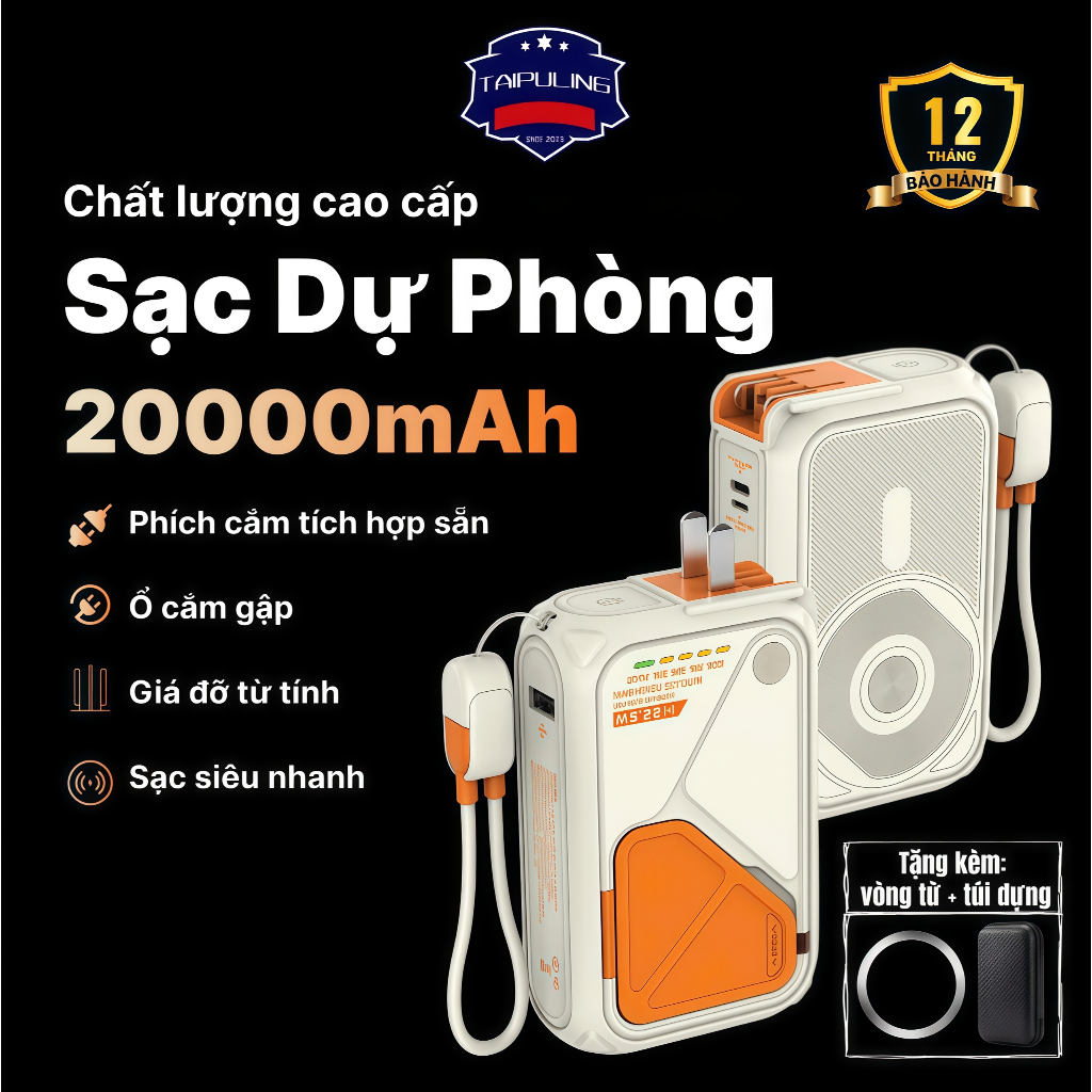 TAIPULING SINCE 2023  Sạc Dự Phòng 20000mAh Có Phích Cắm Gập, Tích Hợp Dây Sẵn, Công Suất 22.5W