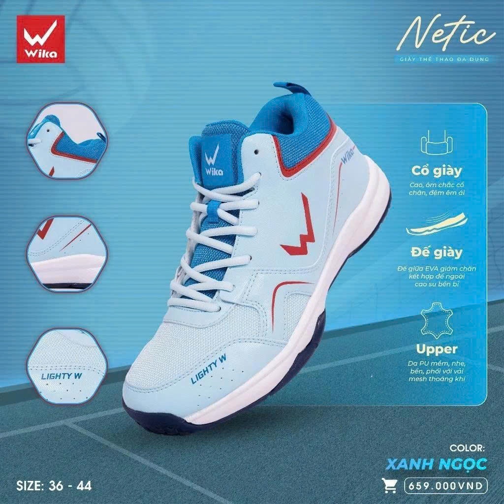 Giày Bóng Chuyền Wika Netic, Giày Wika Thể Thao Bộ Đệm Đế 3 Lớp Kết Hợp Vải Mesh