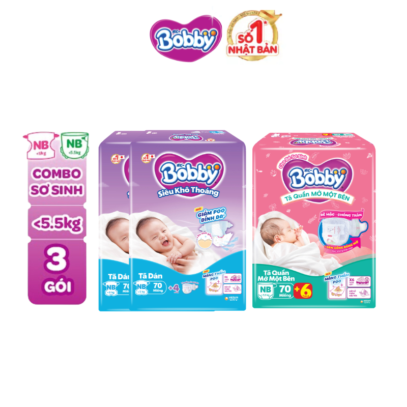 [KOL - TẶNG MIẾNG NGẪU NHIÊN]Combo sơ sinh gồm 02 gói Tã dán Bobby NB70 miếng và 01 gói Tã quần mở m