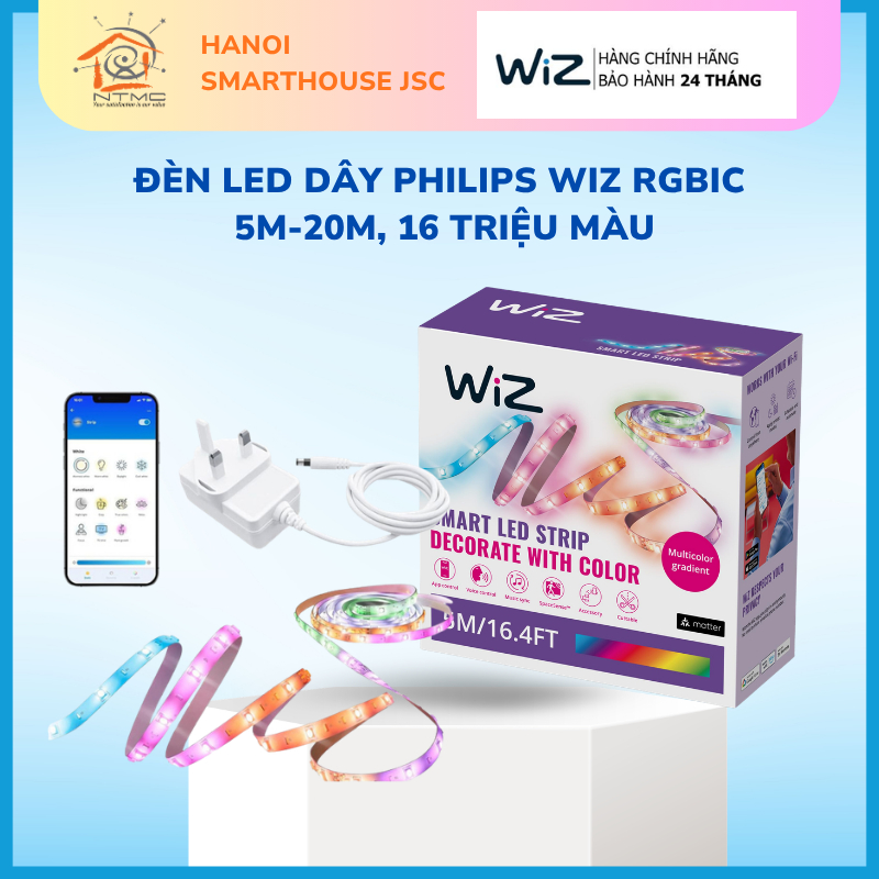 Đèn LED dây thông minh Philips WiZ RGBIC 5m - 20m, 16 triệu màu, công nghệ RGBIC tiên tiến, kết nối Wi-Fi