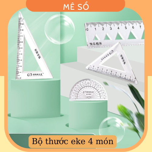 Bộ Thước Kẻ Eke, Bộ Thước Kẻ Hình Học 4 Món, Bộ Thước Kẻ Đa Năng Chất Liệu Acrylic Trong Suốt