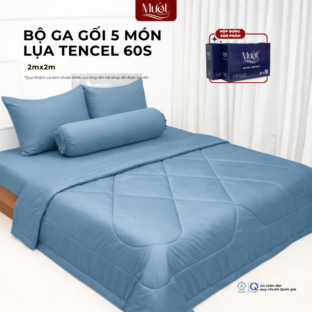 Bộ chăn ga gối 5 món cho nệm kích thước 2mx2m Lụa Tencel 60s Mướt Bedding cao cấp trơn màu