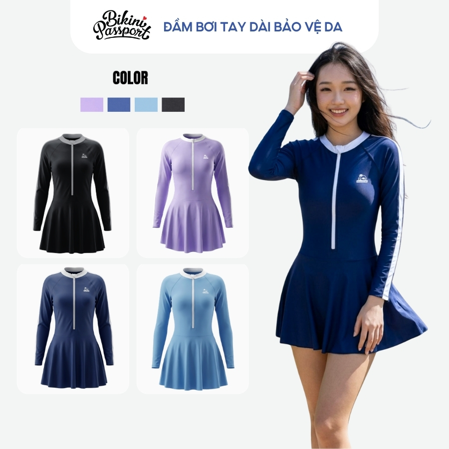 Đồ bơi nữ một mảnh tay dài kín đáo chống nắng có khóa kéo cao cấp đi biển - Bikini Passport - BS1007_NV