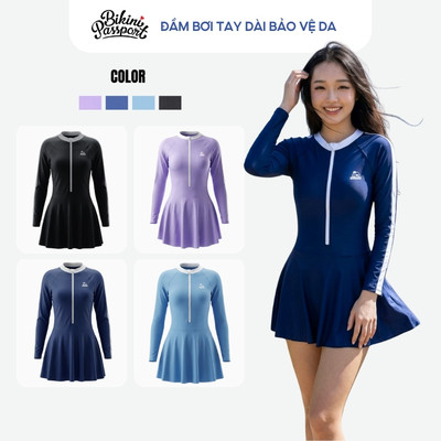 Đồ bơi nữ một mảnh tay dài kín đáo chống nắng có khóa kéo cao cấp đi biển - Bikini Passport - BS1007_NV