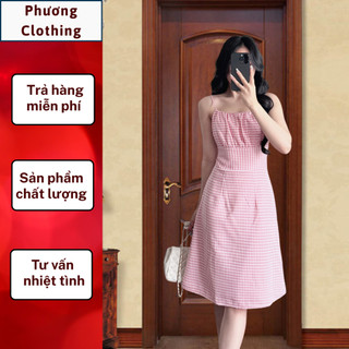 Đầm 2 dây váy dây chữ A  PHƯƠNG vải mịn đẹp mặc hè họa tiết kẻ caro P307