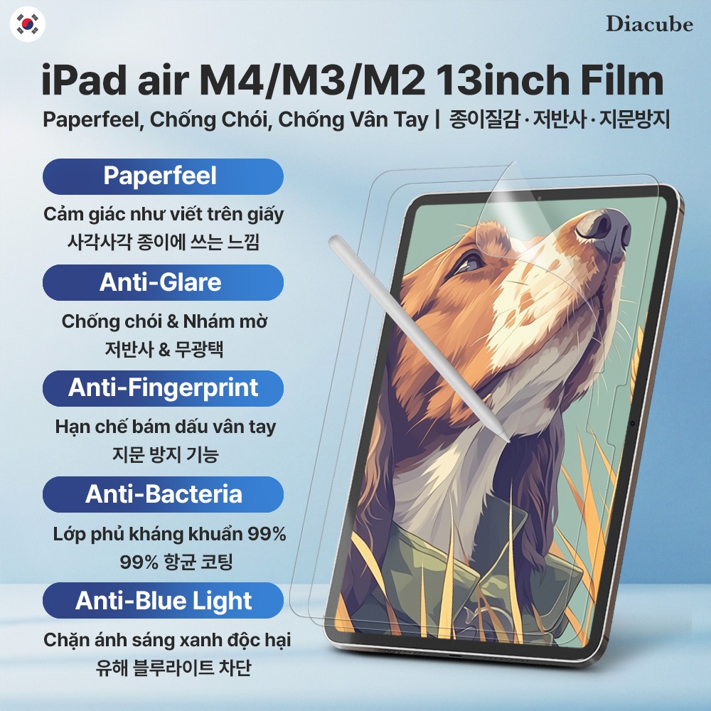 [1+1] Diacube iPad air M4/M3/M2 13inch Dán Màn Hình PET Film Paperlike, Chống Chói, Chống Vân Tay, L