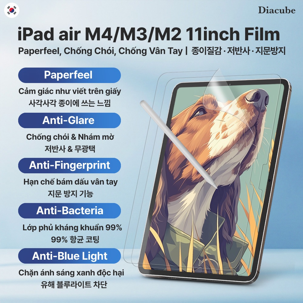 [1+1] Diacube iPad air M4/M3/M2 Dán Màn Hình PET Film 11inch Paperlike, Chống Chói, Chống Vân Tay, L