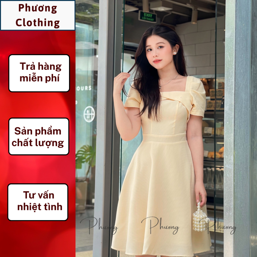Đầm nữ váy dự tiệc thiết kế PHƯƠNG tay phồng cổ vuông vải xốp lendy P306