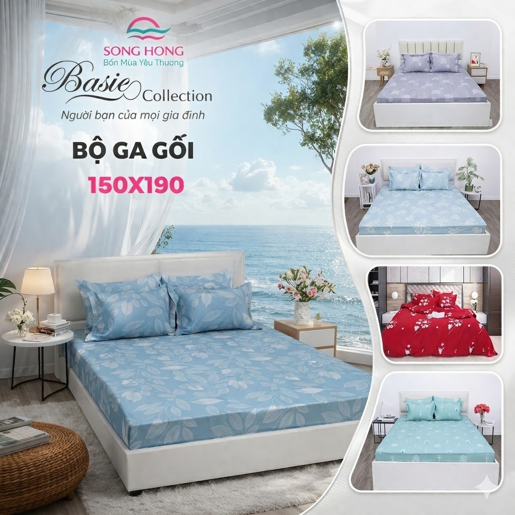 Bộ ga chun Basic Sông Hồng 1m5x1m9, chất liệu cotton - Sông Hồng chính hãng.