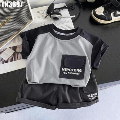Set Áo  Thun Tay Ngắn Giả Túi Hộp Quần Đùi Kaki Xám Bé Trai 1-5 Tuổi MINTSCLOSET Quảng Châu - TN3697