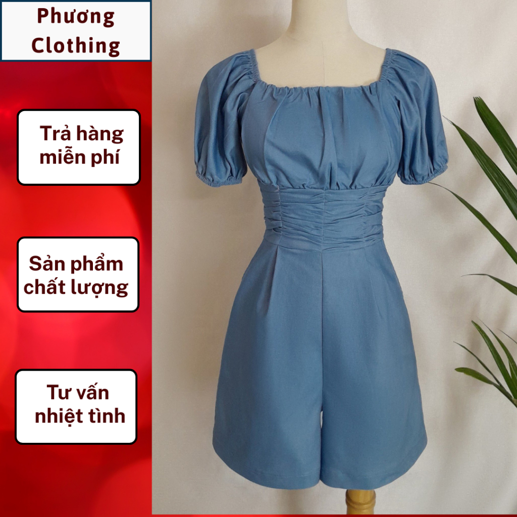 Áo liền quần nữ Jumsuit ngắn PHƯƠNG vải jean ống rộng cổ vuông P502