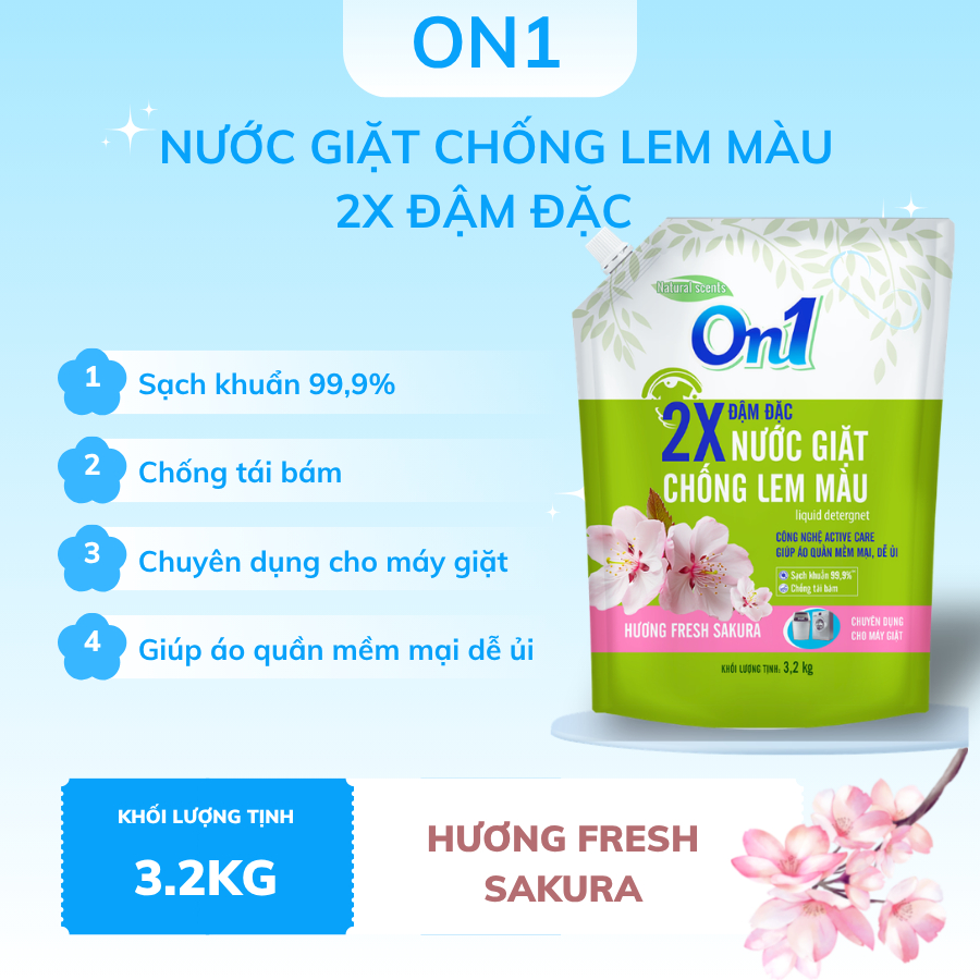 Túi Nước Giặt On1 3.2KG Chống Lem Màu Hương Fresh Sakura Chuyên Dụng Cho Giặt Máy- On1 Việt Nam