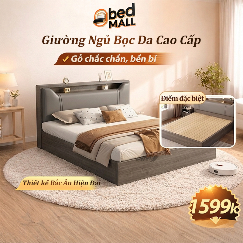Giường ngủ gỗ hiện đại bọc da PU cao cấp giường hộp có hộc chứa sang trọng bền đẹp chịu lực tốt