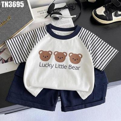 Set Áo Thun Tay Ngắn Sọc Họa Tiết Gấu Quần Đùi Hộp Bé Trai 1-5 Tuổi MINTSCLOSET Quảng Châu - TN3695