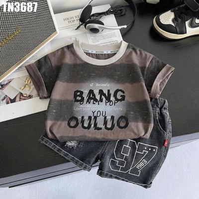 Set Áo Thun Tay Ngắn Sọc Họa Tiết Chữ Quần Đùi Jean Bé Trai 1-5 Tuổi MINTSCLOSET Quảng Châu - TN3687