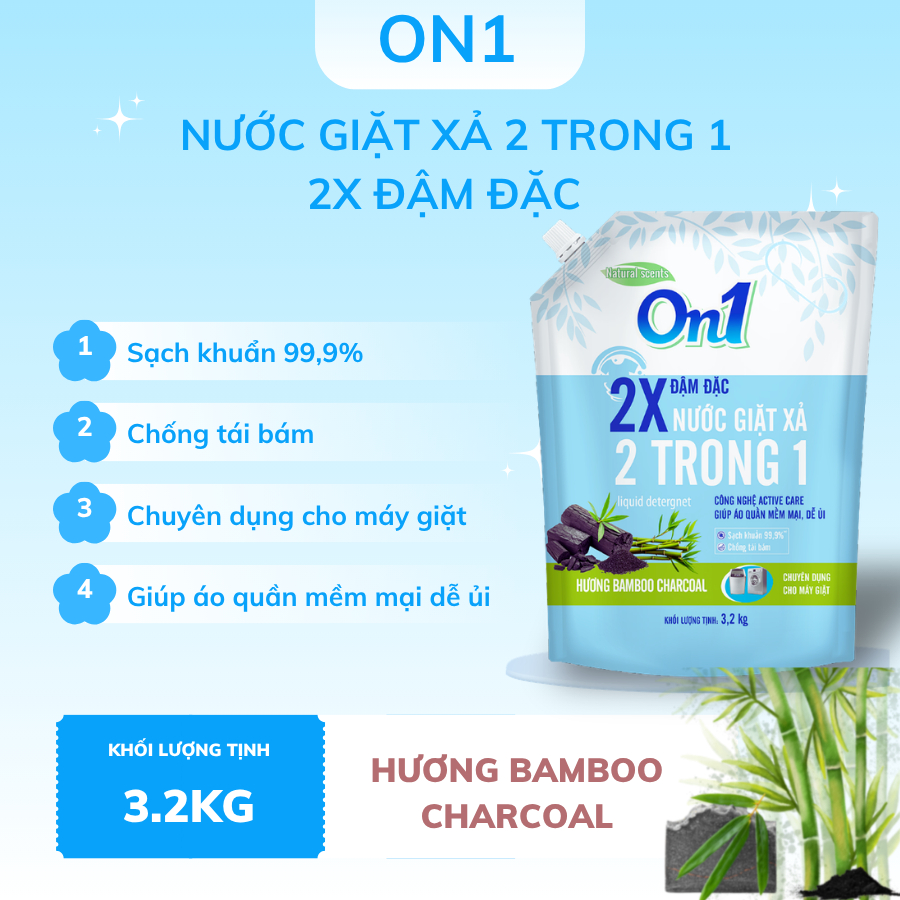 Túi Nước Giặt On1 3.2KG 2 Trong 1 Hương Bamboo Charcoal Chuyên Dụng Cho Giặt Máy- On1 Việt Nam