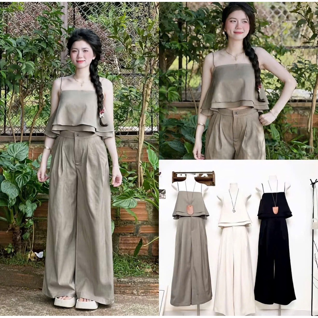 BT71- ( xã kho qua mẫu giá rẻ ) Sét bộ thời tầng 2 dây tầng lưng nút Mix quần suông (38-57kg)