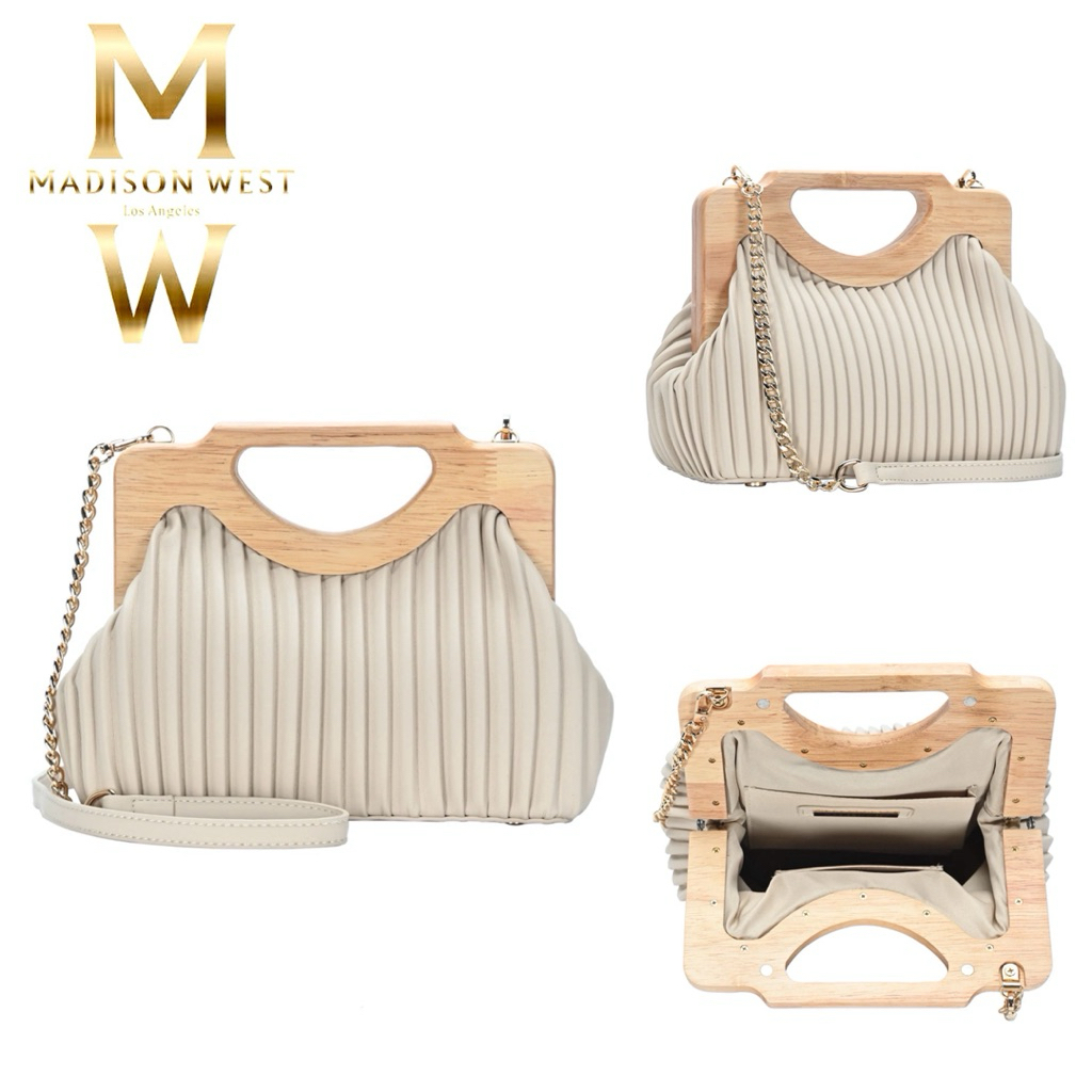 [AUTH] Túi xách tay/đeo chéo MADISON WEST Coraline Wood Frame da PU mềm xếp ly màu be